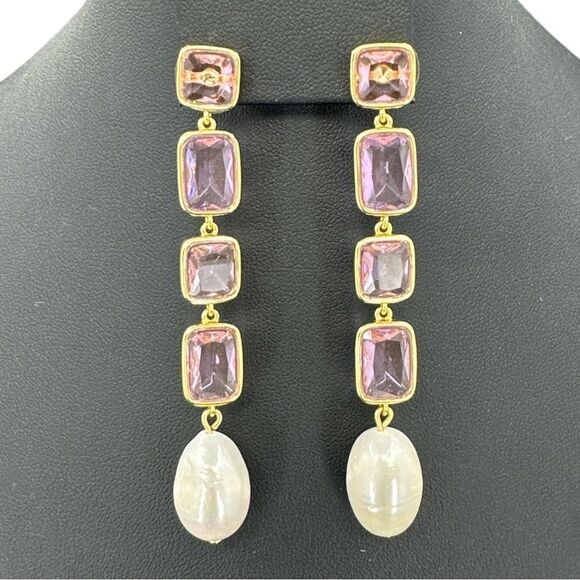 J. Crew Pink Crystal and Pearl Drop Earrings Gold Plated - Picture 1 of 8